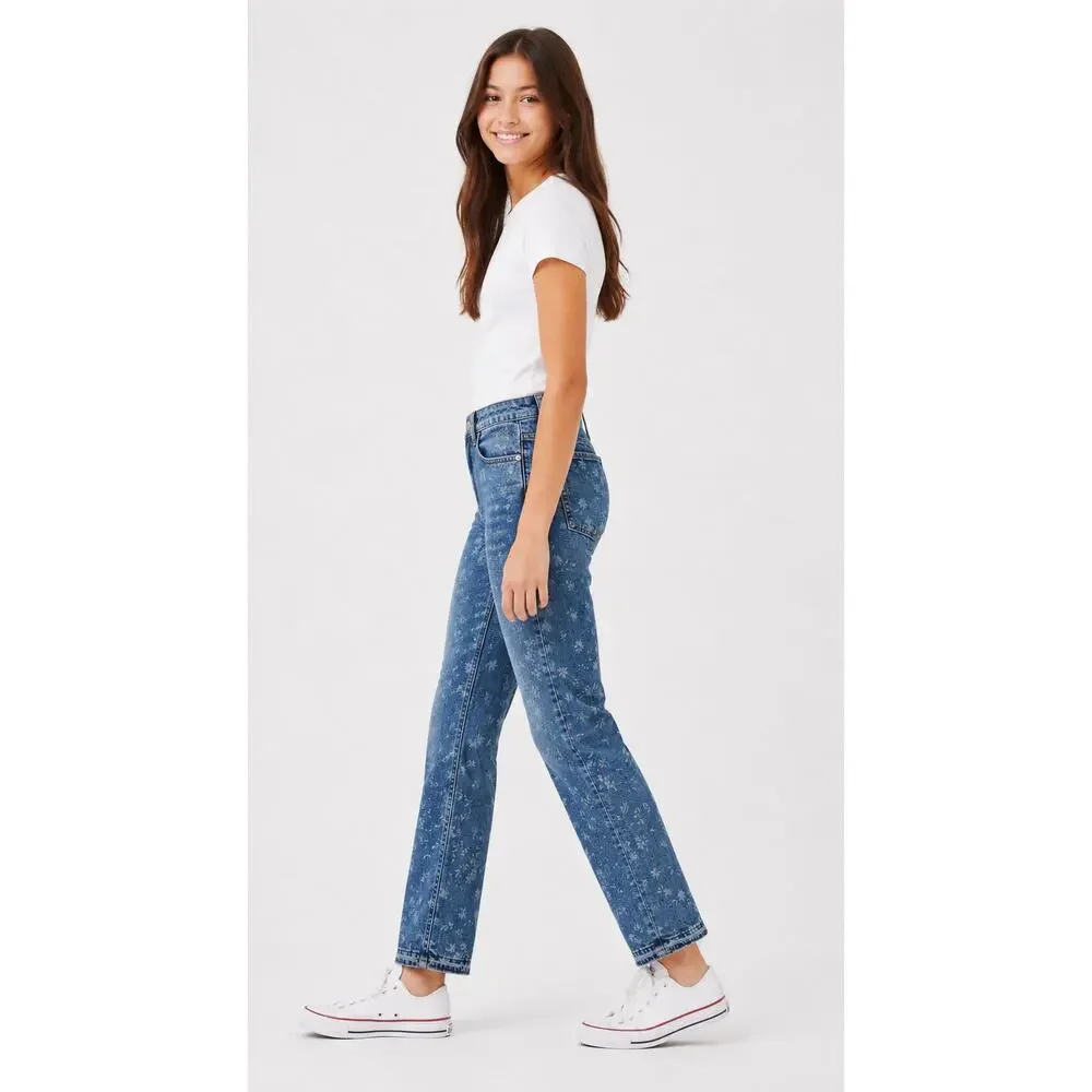 GAP Kids Girlfriend Blue Denim Floral Jeans Straight Leg Medium Wash Girls 12